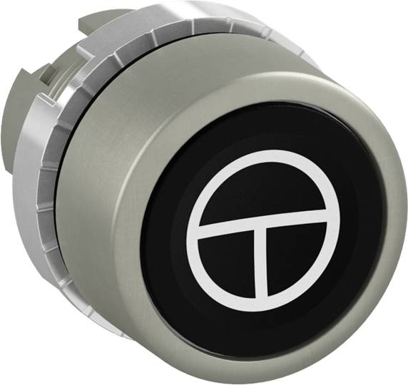 Silberner Drucktaster mit schwarzer Abdeckung und weißem geometrischem Symbol in der Mitte. Eignet sich für industrielle Anwendungen.