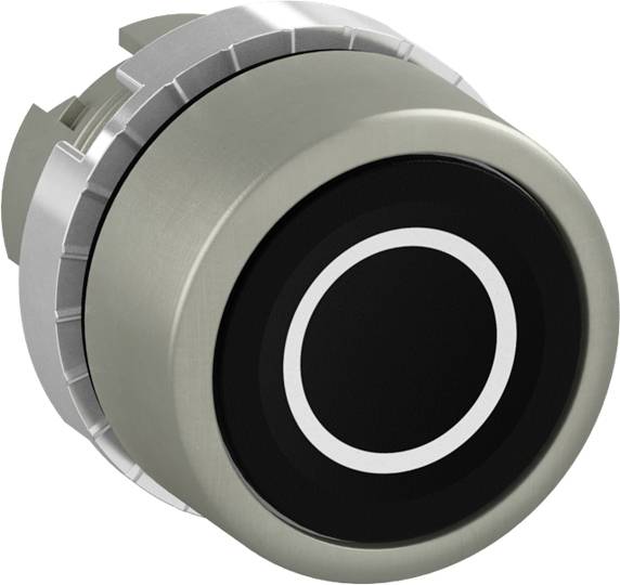 Metallischer Druckknopf in Silber mit schwarzem Einsatz in der Mitte, umgeben von einem silberfarbenen Ring. Geeignet zur Steuerung oder Bedienung in technischen Geräten.