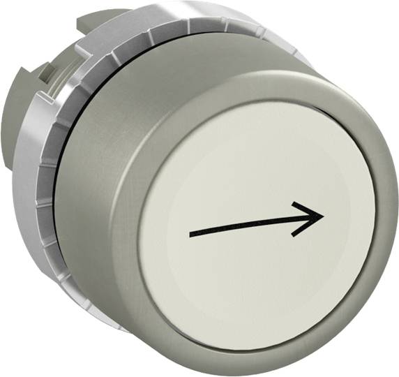 Ein runder Metallknopf mit einem Pfeil, der nach rechts zeigt.