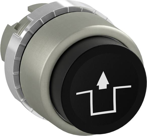 Schwarzer Drehknopf mit Metalleinfassung, zeigt weißen Pfeil nach oben über einem umgekehrten T-Symbol.