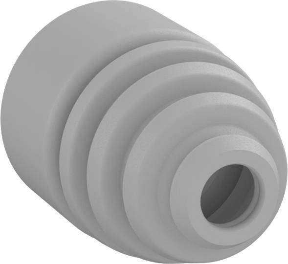Graue Gummimanschette, konische Form mit mehreren Rillen, dient als Dichtungs- oder Schutzabdeckung für mechanische Teile.