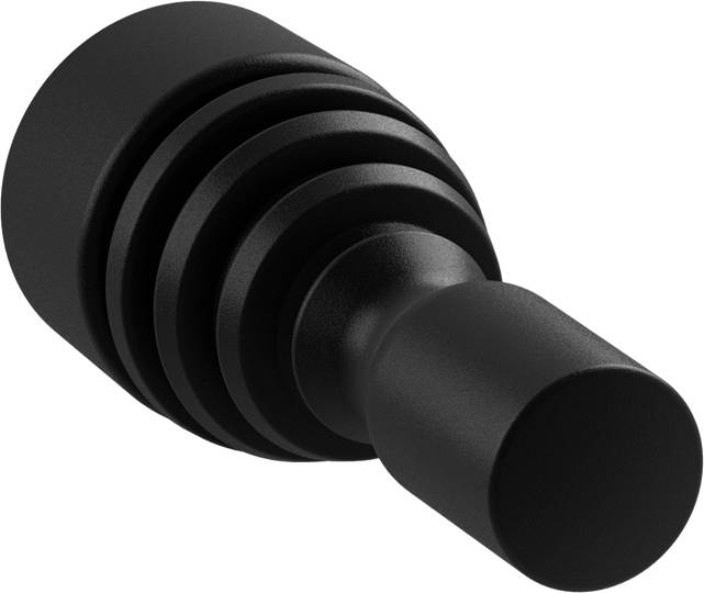 Ein schwarzes, zylindrisches Metallteil mit mehreren Rillen, das möglicherweise Teil eines mechanischen oder technischen Geräts ist.