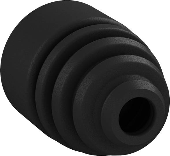 Ein schwarzer, zylindrischer Gummipuffer mit mehreren ringförmigen Stufen, möglicherweise Teil einer mechanischen Vorrichtung oder Dämpfung.