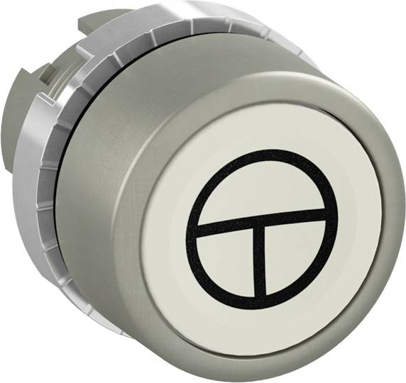 Ein silberner, runder Drehknopf mit einem schwarzen Symbol darauf, möglicherweise für elektronische oder mechanische Steuerungszwecke.