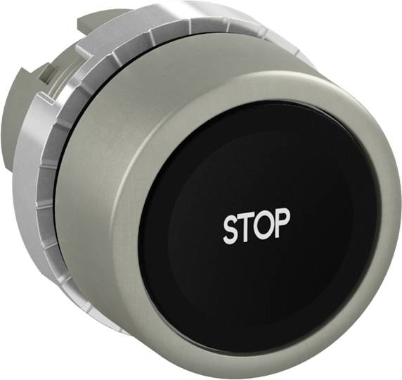 Runder schwarzer Knopf mit silbernem Rand und der Aufschrift 'STOP'.