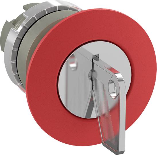 Ein großer roter Taster mit silbernem Rand und transparenter Schutzabdeckung.