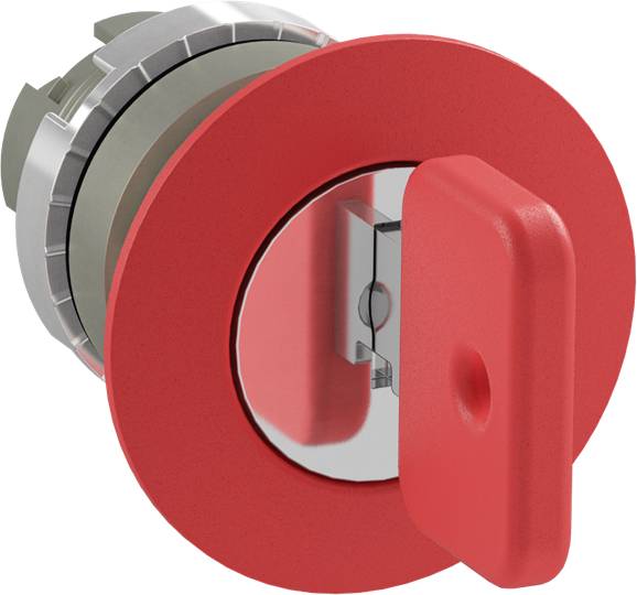 Roter Not-Aus-Schalter mit rundem Griff, der zur Sicherheitsabschaltung von Maschinen dient.