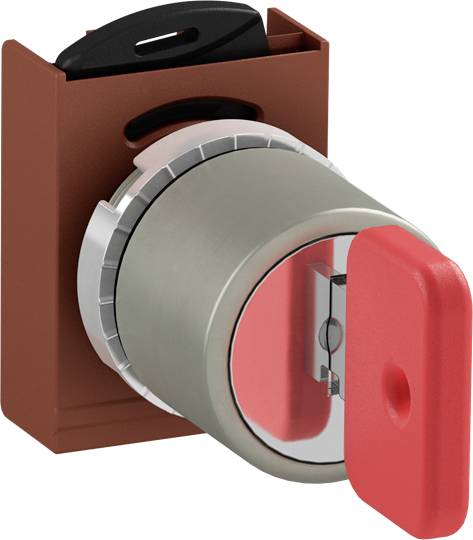 Ein rotes, rechteckiges Schlüsselschloss mit Metallzylinder und abnehmbarem, rotem Plastikschutz.