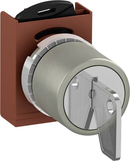 Metallzylinder mit eingesetztem Schlüssel in roter Halterung, Ansicht von der Seite.