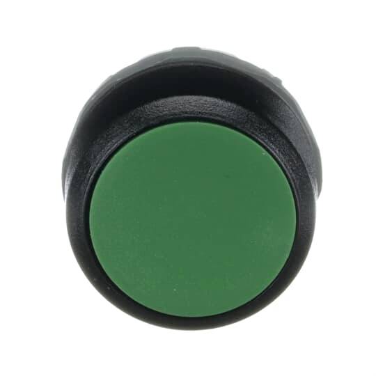 Grüner Knopf auf schwarzem Untergrund, von oben betrachtet.