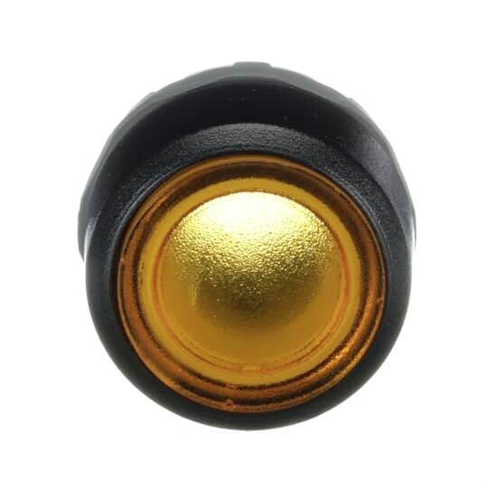 Runder, gelber Druckknopf mit schwarzem Rahmen.