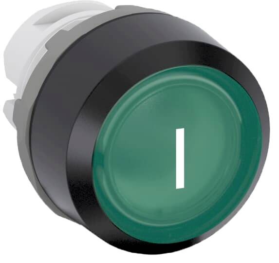 Ein grüner Rundknopf mit einem weißen vertikalen Strich in der Mitte, ähnlich einem Ein-Schalter.