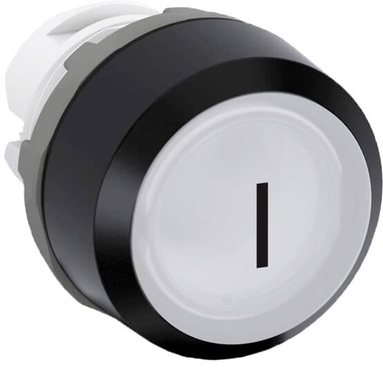 Schwarzer runder Knopf mit einem weißen Buchstaben 'I' in der Mitte, auf einem weißen Hintergrund.