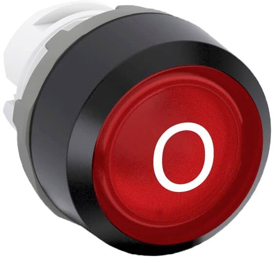 Roter runder Druckknopf mit der Aufschrift 'O', symbolisiert einen Aus-Zustand.