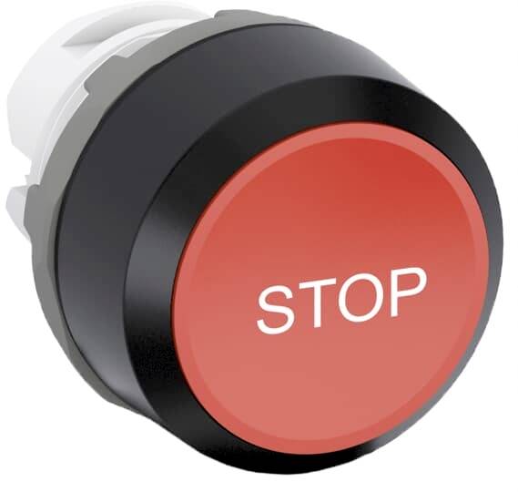 Roter Stoppschalter mit der Aufschrift 'STOP', der typischerweise für Notabschaltungen von Maschinen oder Anlagen verwendet wird.