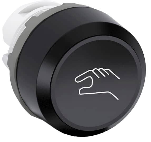 Runder schwarzer Knopf mit Symbol einer Hand, die eine Greifbewegung andeutet.