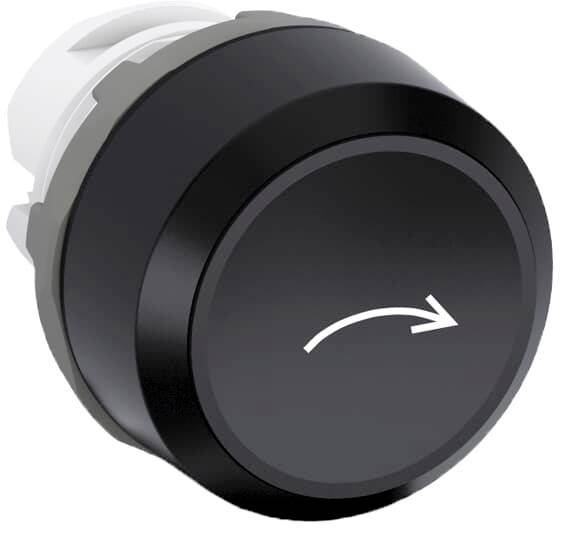 Schwarzer Knopf mit weißem Pfeil, der nach rechts zeigt. Der Pfeil deutet auf eine Drehbewegung nach rechts hin.