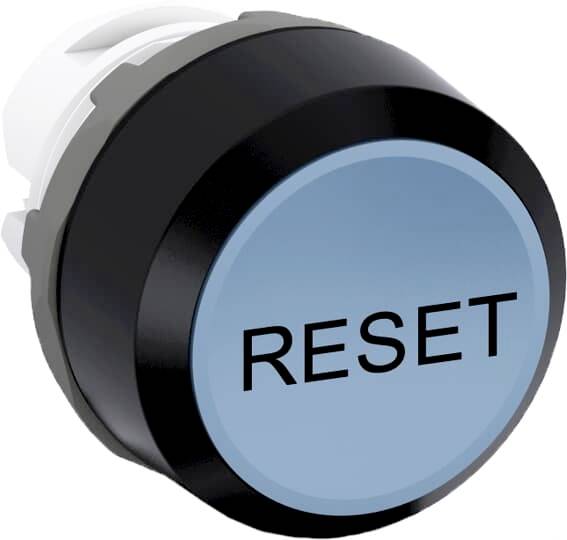 Runde Reset-Taste mit blauer Oberfläche und schwarzem Rand, auf der das Wort 'RESET' steht.