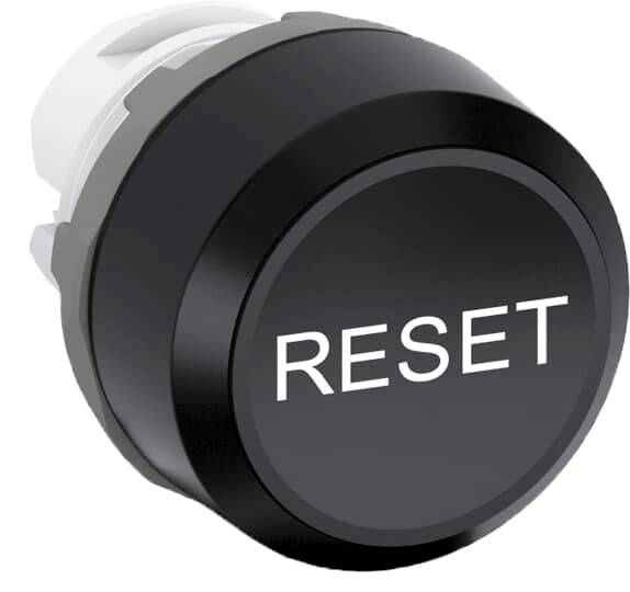 Ein schwarzer Knopf mit der Aufschrift 'RESET', zur Rückstellung von Einstellungen oder Geräten vorgesehen.