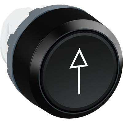 Ein schwarzer Knopf mit einem weißen, nach oben zeigenden Pfeil darauf, möglicherweise ein Bedienelement für eine Aufwärtsbewegung.