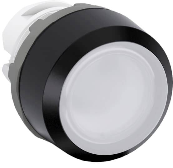 Ein runder, beleuchteter Drucktaster mit schwarzem Rand, geeignet für industrielle Steuerungsanwendungen.