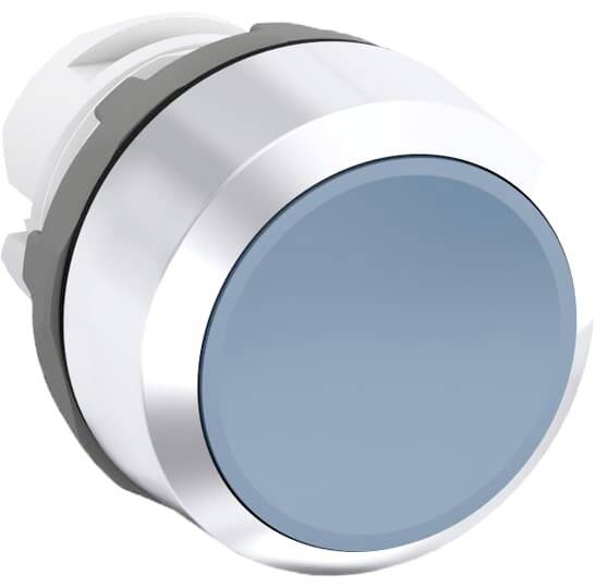 Ein runder, blauer Knopf mit silbernem Rand auf weißem Hintergrund.