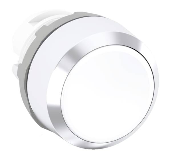 Ein runder, silberner Knopf oder Schalter mit weißem Zentrum, zur Bedienung eines elektronischen Geräts.