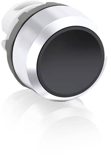 Ein runder, schwarz-silberner Knopf mit einem glänzenden Finish. Geeignet für den Einbau in elektronische Geräte oder Steuerpanele.