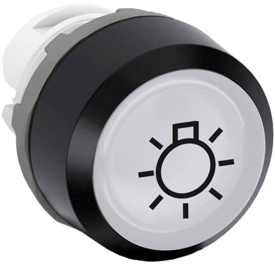 Ein großer Knopf mit einem Sonnensymbol darauf, symbolisiert eine Licht- oder Einschaltfunktion.