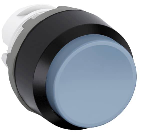 Ein runder, hellblauer Druckknopf, eingebettet in eine schwarze Fassung. Der Knopf ist für Maschinenbedienfelder geeignet.