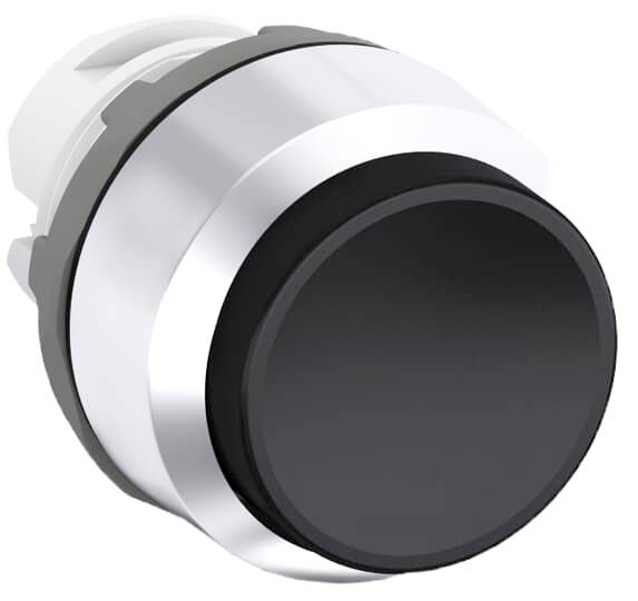 Ein großer, runder, schwarzer Druckknopf mit silbernem Rand; typisches Industrie-Design, geeignet für Maschinensteuerung.