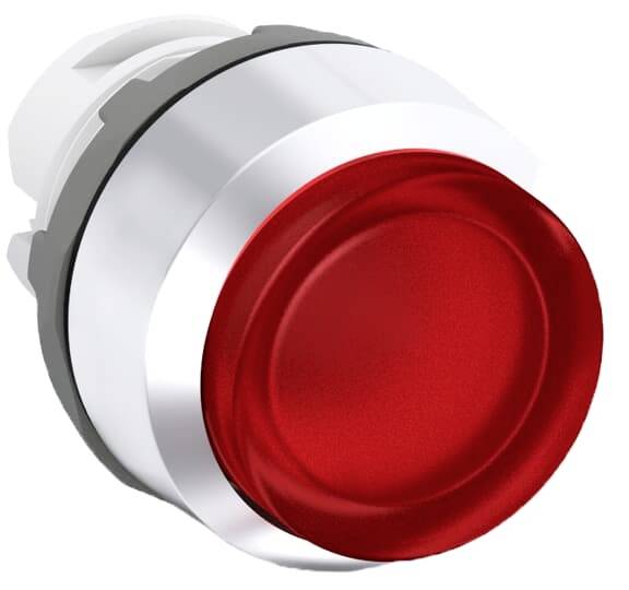 Ein roter, runder Knopf auf einem metallischen Sockel. Der Knopf ist hervorgehoben und deutet auf eine Funktion zum Drücken hin.