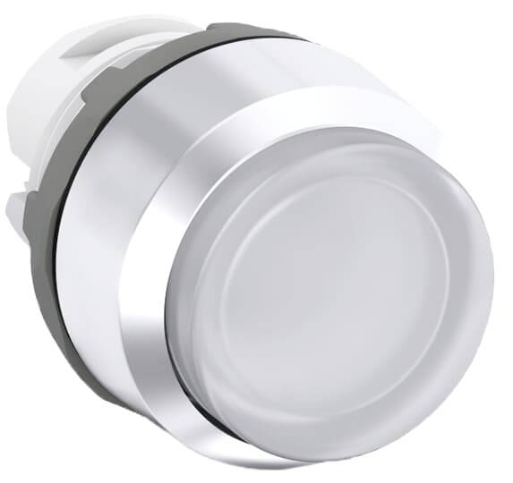 Ein runder, silberner Druckknopf mit transparentem Schutz, geeignet für elektronische Geräte oder Maschinensteuerungen.