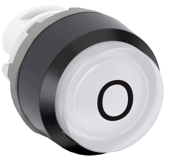 Schwarzer und weißer runder Kippschalter in der Aus-Position, mit einem deutlich sichtbaren 'O' auf der Oberfläche.
