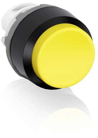 Gelber runder Druckknopf mit schwarzem Rahmen, reflektiert auf einer glänzenden Oberfläche.