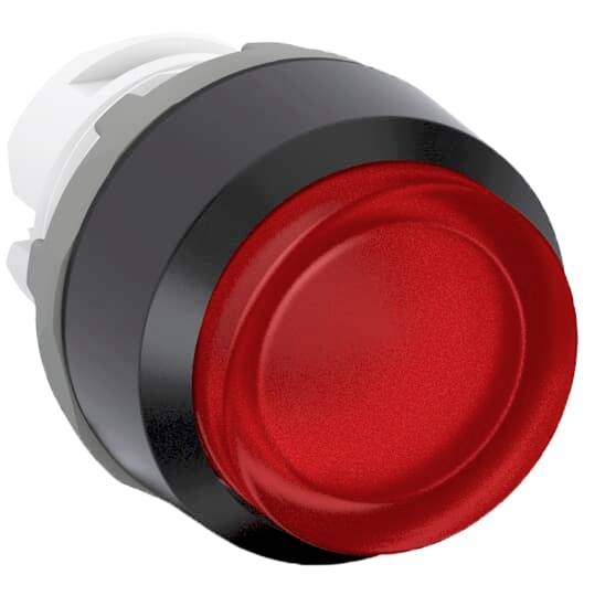 Runder roter Knopf mit schwarzem Rand, leicht hervorstehend.