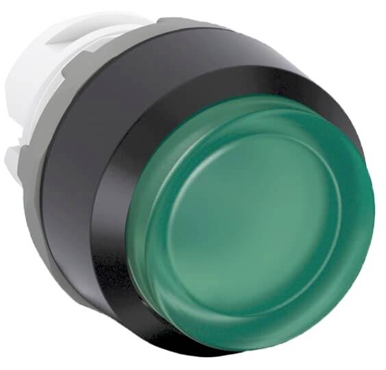 Grüner runder Druckknopf vor weißem Hintergrund, häufig verwendet zur Aktivierung oder Deaktivierung eines Geräts oder einer Maschine.