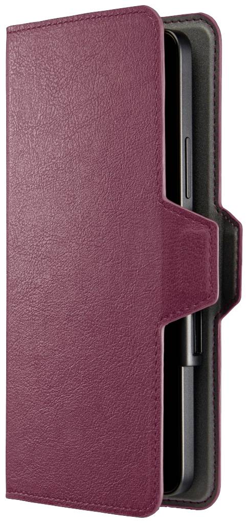 Rote Handyhülle aus Leder mit seitlicher Öffnung, schützt ein Smartphone, das teilweise sichtbar ist.