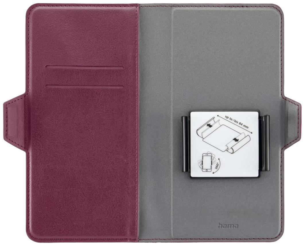 Eine geöffnete, rote Schutzhülle für ein Tablet mit zwei Kartenfächern links und einer Anleitung zur Befestigung eines Geräts rechts.