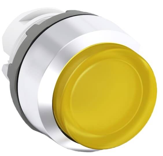 Ein runder gelber Knopf mit silberner Umrandung auf einem weißen Hintergrund.