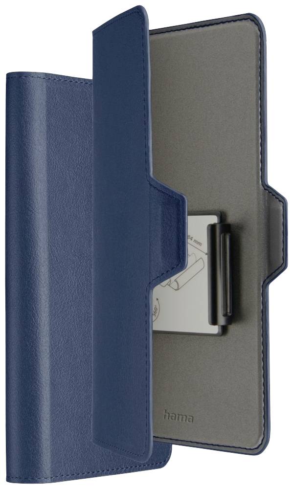 Blaues Smartphone-Etui von hama, aufgeklappt gezeigt. Innen eine Halterung für das Telefon und ein Kärtchenfach.