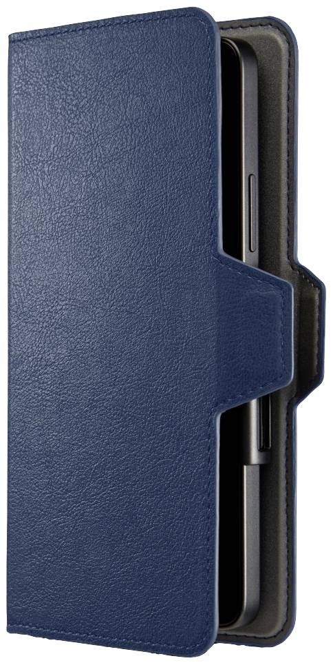Eine blaue Handyhülle aus Leder mit einem aufklappbaren Deckel, der das Smartphone teilweise verdeckt.