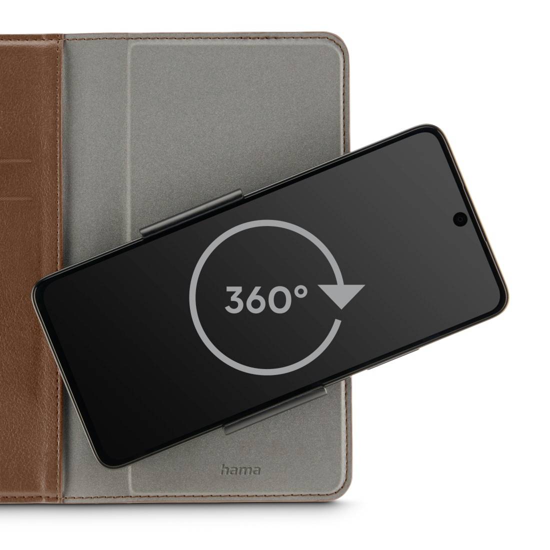 Ein Smartphone in einer braunen Schutzhülle, das horizontal gedreht wird. Auf dem Bildschirm ist ein '360°'-Symbol zu sehen.