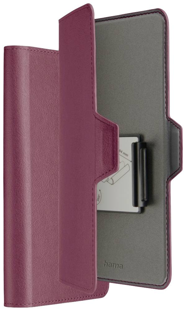 Rosa Handyhülle aus Leder mit grauer Innenseite und Kartenfach, aufrecht stehend.