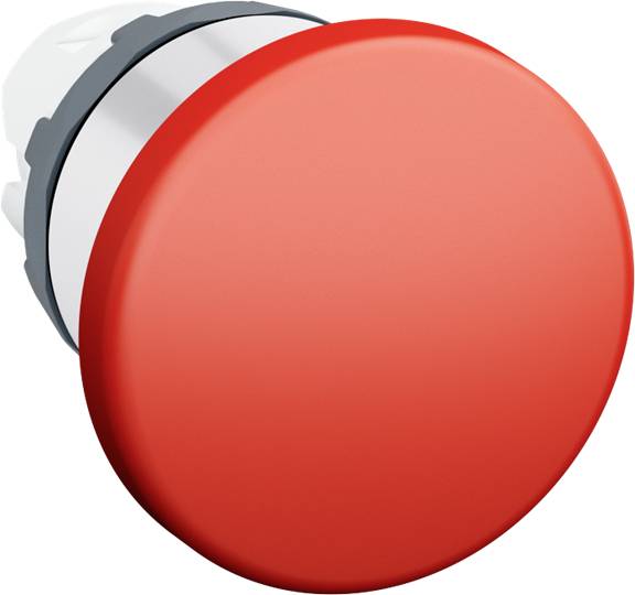 Ein großer, roter Not-Aus-Knopf, verwendet zur schnellen Abschaltung von Maschinen oder Systemen in Notfällen.