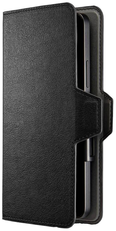 Schwarze Handyhülle aus Leder mit integriertem Kartenfach, leicht geöffnet, zeigt ein Smartphone im Inneren.