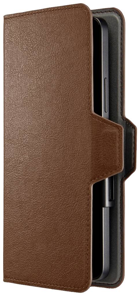 Braune Leder-Handyhülle mit Klappdesign, die ein schwarzes Smartphone teilweise verdeckt.
