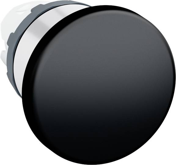 Schwarzer runder Druckknopf, häufig verwendet in elektrischen Schaltsystemen, vor weißem Hintergrund.