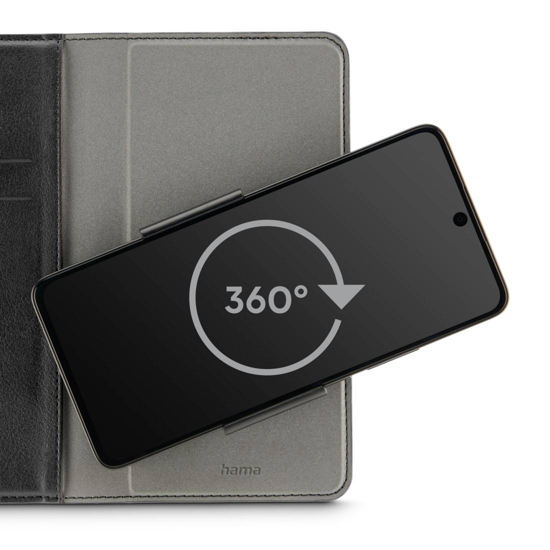 Smartphone in einer hama-Hülle, Bildschirm zeigt ein '360°'-Symbol, Hinweis auf Rotationsmöglichkeit.