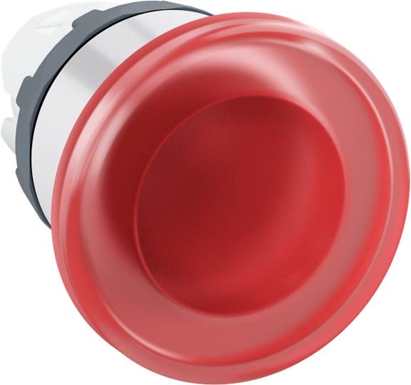Roter Not-Aus-Knopf mit weißer Basis, oft in Notfallsituationen zum sofortigen Abschalten von Maschinen oder Systemen verwendet.